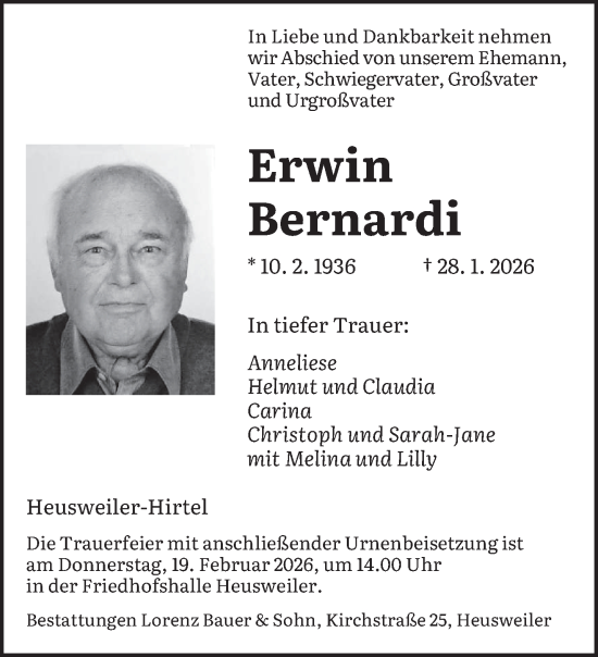 Traueranzeige von Erwin Bernardi von saarbruecker_zeitung