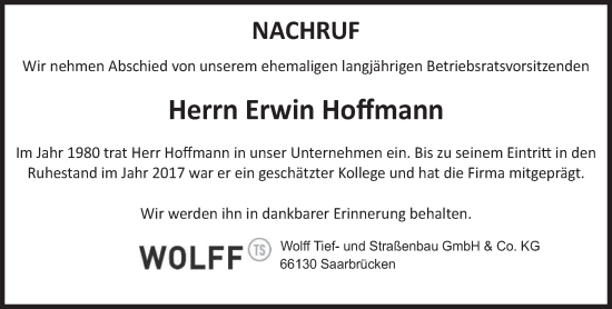 Traueranzeige von Erwin Hoffmann von saarbruecker_zeitung