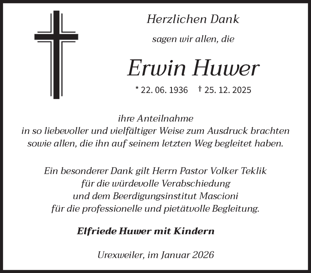  Traueranzeige für Erwin Huwer vom 31.01.2026 aus saarbruecker_zeitung