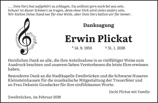 Traueranzeige von Erwin Plickat von saarbruecker_zeitung