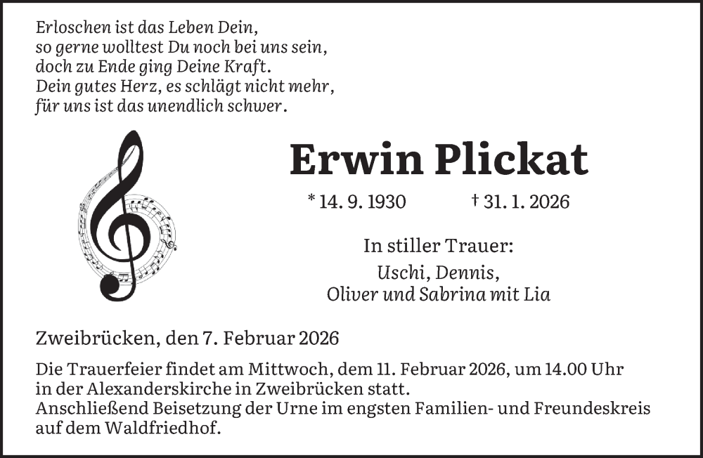  Traueranzeige für Erwin Plickat vom 07.02.2026 aus saarbruecker_zeitung