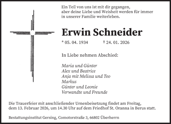 Traueranzeige von Erwin Schneider von saarbruecker_zeitung