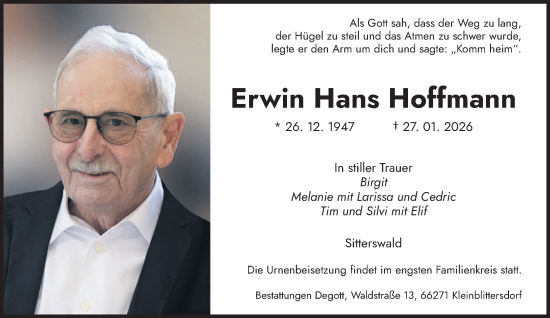 Traueranzeige von Erwin Hans Hoffmann von saarbruecker_zeitung