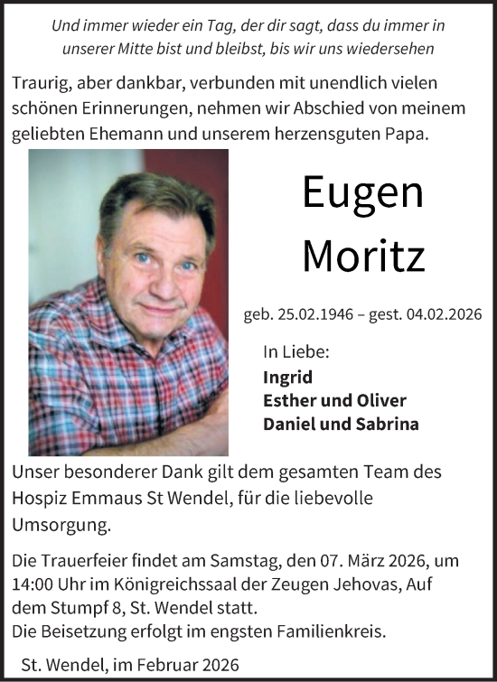 Traueranzeige von Eugen Moritz von saarbruecker_zeitung