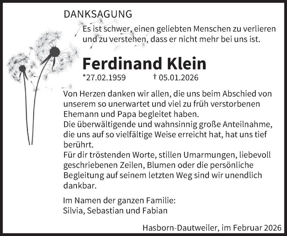  Traueranzeige für Ferdinand Klein vom 21.02.2026 aus saarbruecker_zeitung