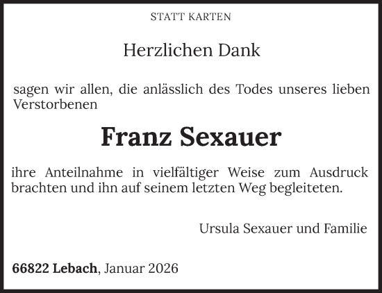 Traueranzeige von Franz Sexauer von saarbruecker_zeitung