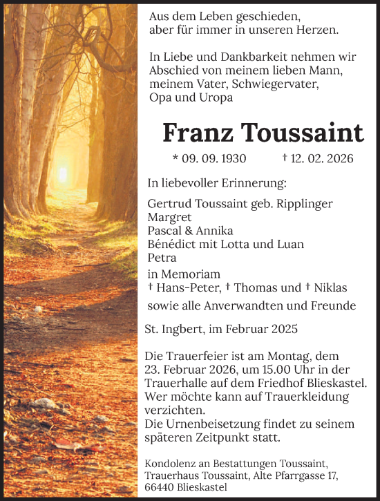 Traueranzeige von Franz Toussaint von saarbruecker_zeitung