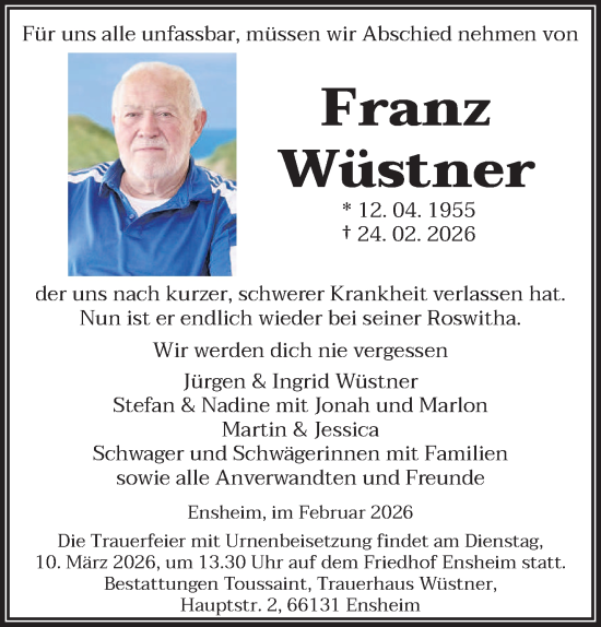 Traueranzeige von Franz Wüstner von saarbruecker_zeitung