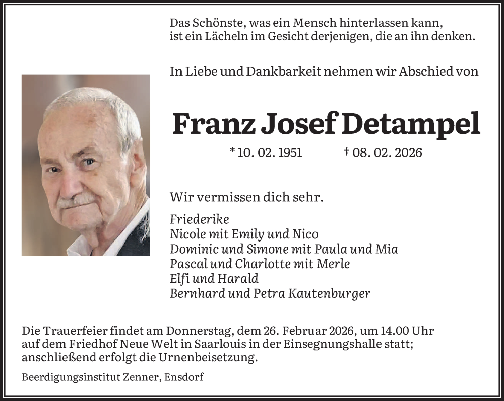 Traueranzeige für Franz Josef Detampel vom 21.02.2026 aus saarbruecker_zeitung