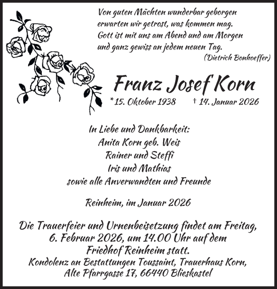 Traueranzeige von Franz Josef Korn von saarbruecker_zeitung