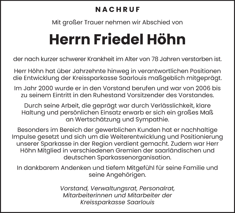  Traueranzeige für Friedel Höhn vom 19.02.2026 aus saarbruecker_zeitung