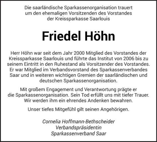 Traueranzeige von Friedel Höhn von saarbruecker_zeitung