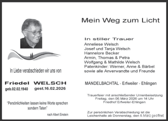 Traueranzeige von Friedel Welsch von saarbruecker_zeitung