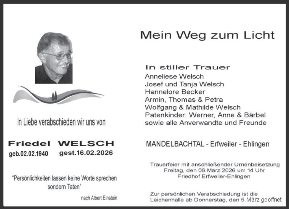  Traueranzeige für Friedel Welsch vom 28.02.2026 aus saarbruecker_zeitung