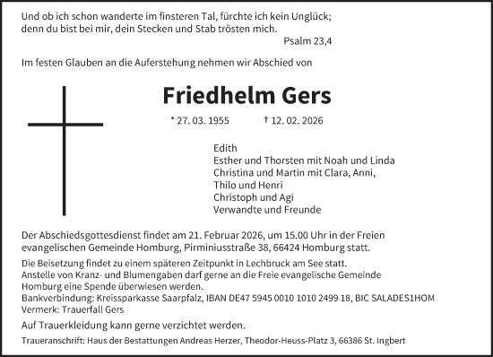 Traueranzeige von Friedhelm Gers von saarbruecker_zeitung