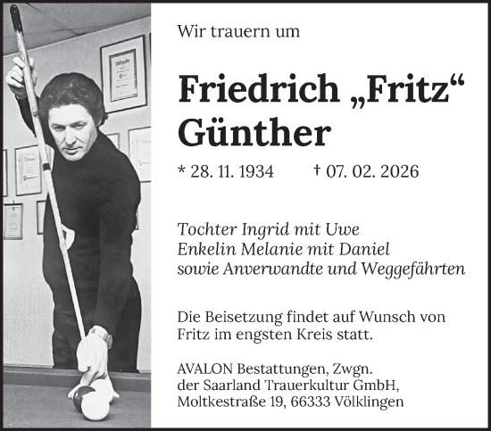 Traueranzeige von Friedrich Günther von saarbruecker_zeitung
