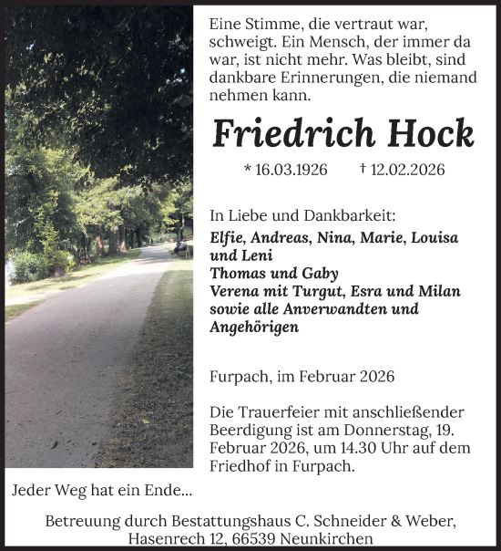 Traueranzeige von Friedrich Hock von saarbruecker_zeitung