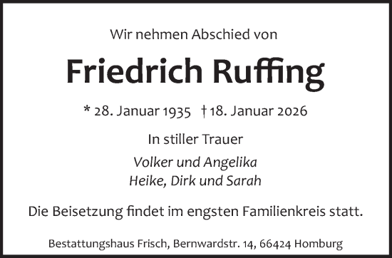 Traueranzeige von Friedrich Ruffing von saarbruecker_zeitung