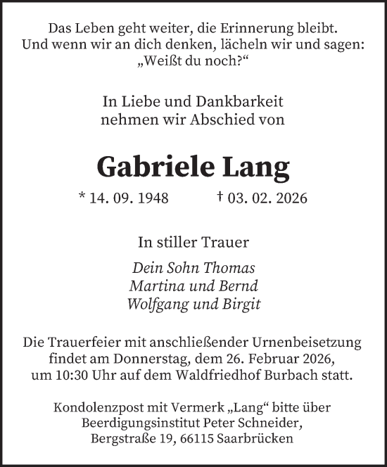 Traueranzeige von Gabriele Lang von saarbruecker_zeitung