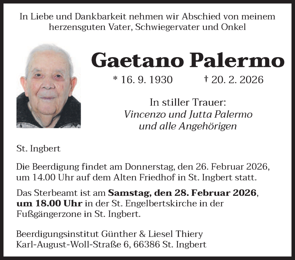  Traueranzeige für Gaetano Palermo vom 24.02.2026 aus saarbruecker_zeitung