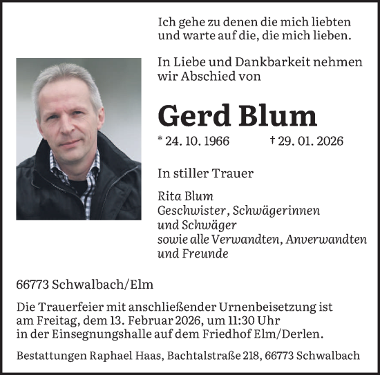 Traueranzeige von Gerd Blum von saarbruecker_zeitung