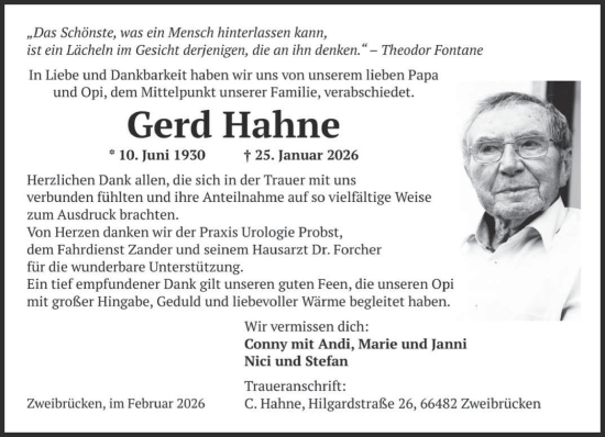 Traueranzeige von Gerd Hahne von saarbruecker_zeitung