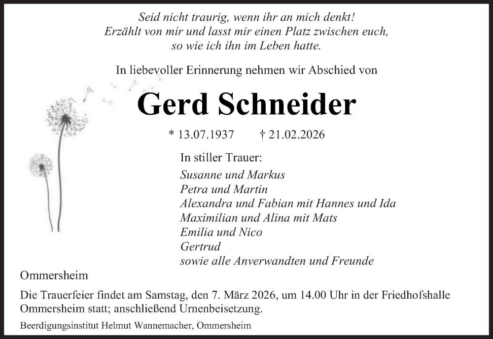  Traueranzeige für Gerd Schneider vom 28.02.2026 aus saarbruecker_zeitung