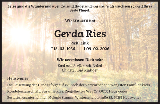 Traueranzeige von Gerda Ries von saarbruecker_zeitung