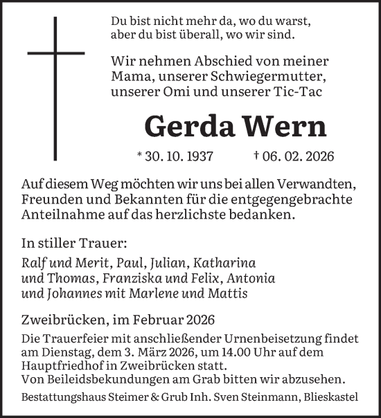Traueranzeige von Gerda Wern von saarbruecker_zeitung