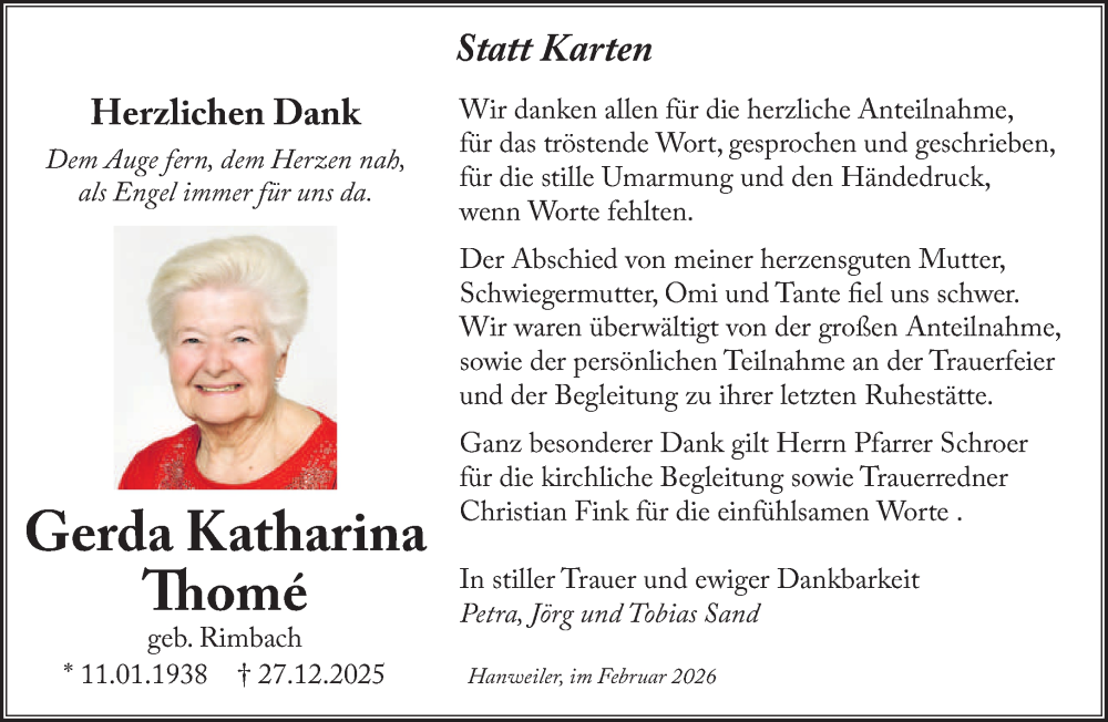  Traueranzeige für Gerda Katharina Thomé vom 07.02.2026 aus saarbruecker_zeitung
