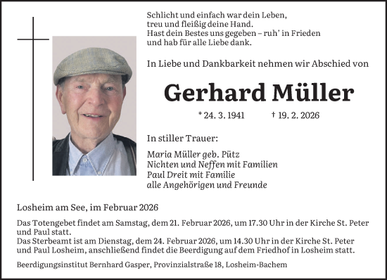 Traueranzeige von Gerhard Müller von saarbruecker_zeitung