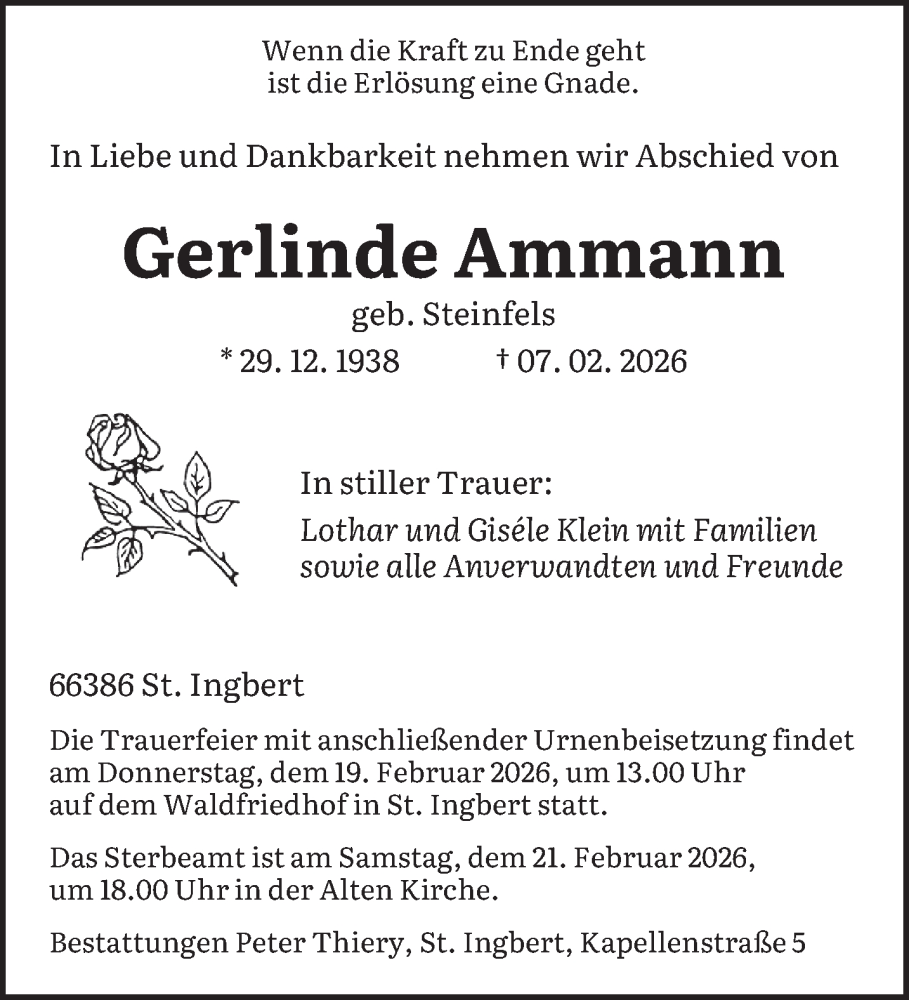  Traueranzeige für Gerlinde Ammann vom 14.02.2026 aus saarbruecker_zeitung