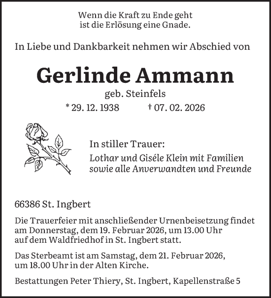 Traueranzeige von Gerlinde Ammann von saarbruecker_zeitung