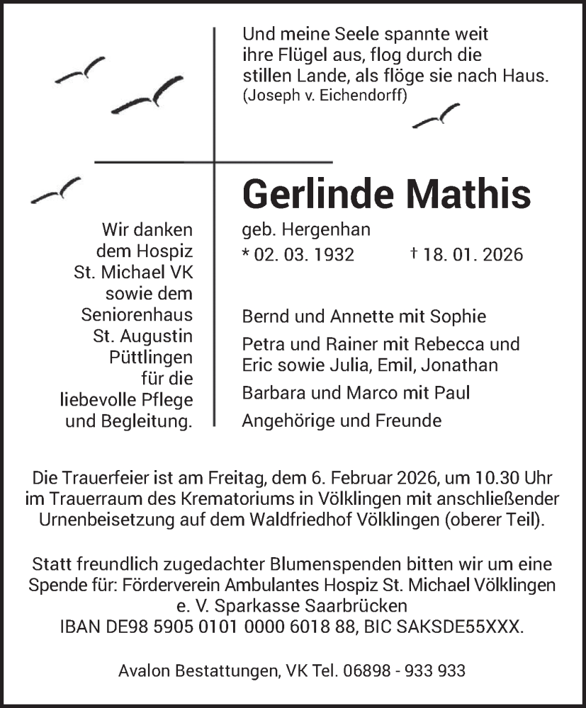  Traueranzeige für Gerlinde Mathis vom 31.01.2026 aus saarbruecker_zeitung