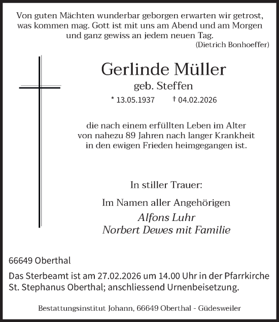 Traueranzeige von Gerlinde Müller von saarbruecker_zeitung