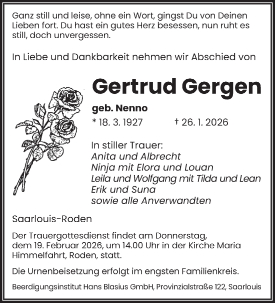 Traueranzeige von Gertrud Gergen von saarbruecker_zeitung