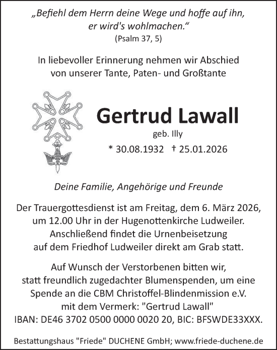 Traueranzeige von Gertrud Lawall von saarbruecker_zeitung