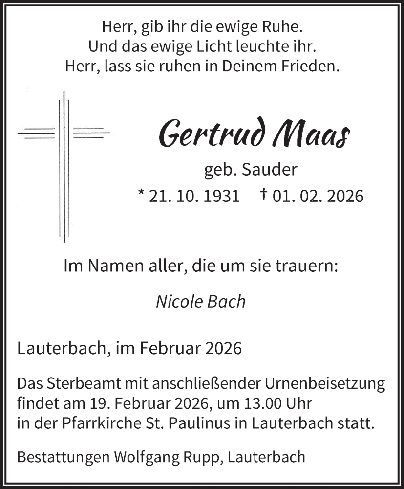  Traueranzeige für Gertrud Maas vom 14.02.2026 aus saarbruecker_zeitung