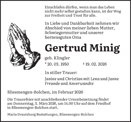 Traueranzeige von Gertrud Minig von saarbruecker_zeitung