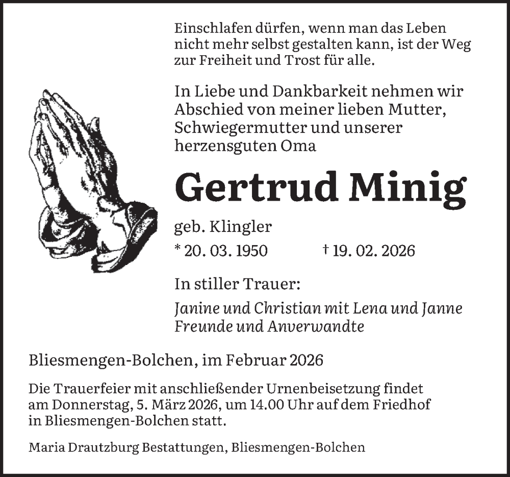  Traueranzeige für Gertrud Minig vom 28.02.2026 aus saarbruecker_zeitung