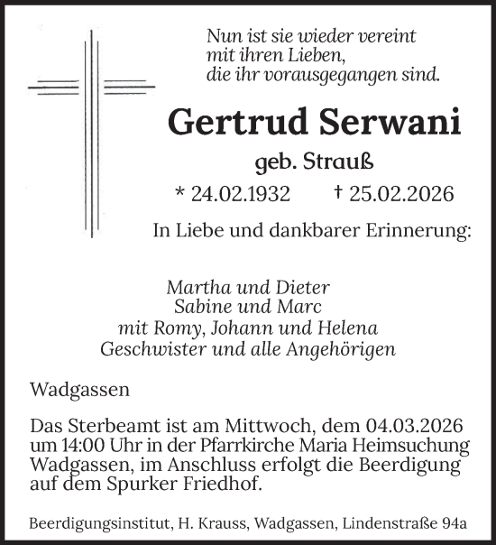 Traueranzeige von Gertrud Serwani von saarbruecker_zeitung