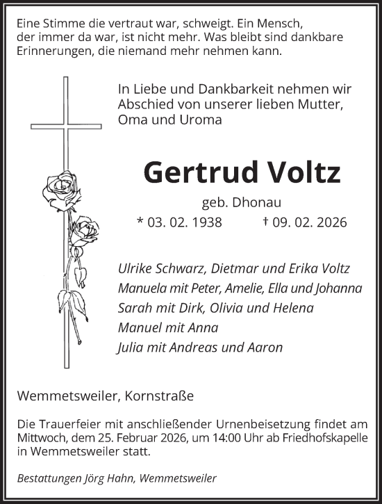 Traueranzeige von Gertrud Voltz von saarbruecker_zeitung