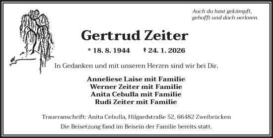 Traueranzeige von Gertrud Zeiter von saarbruecker_zeitung