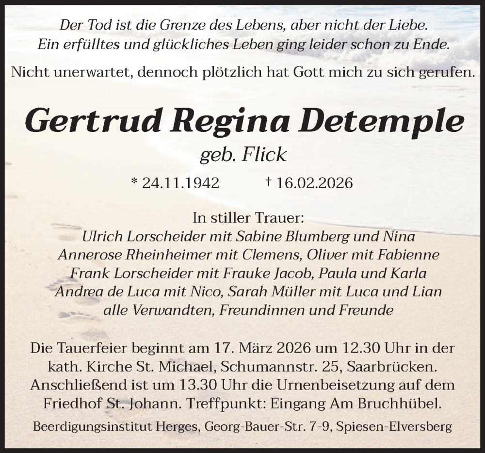  Traueranzeige für Gertrud Regina Detemple vom 28.02.2026 aus saarbruecker_zeitung