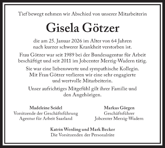 Traueranzeige von Gisela Götzer von saarbruecker_zeitung
