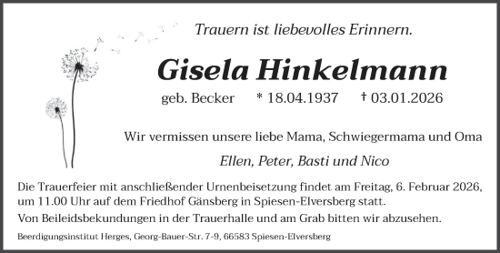 Traueranzeige von Gisela Hinkelmann von saarbruecker_zeitung