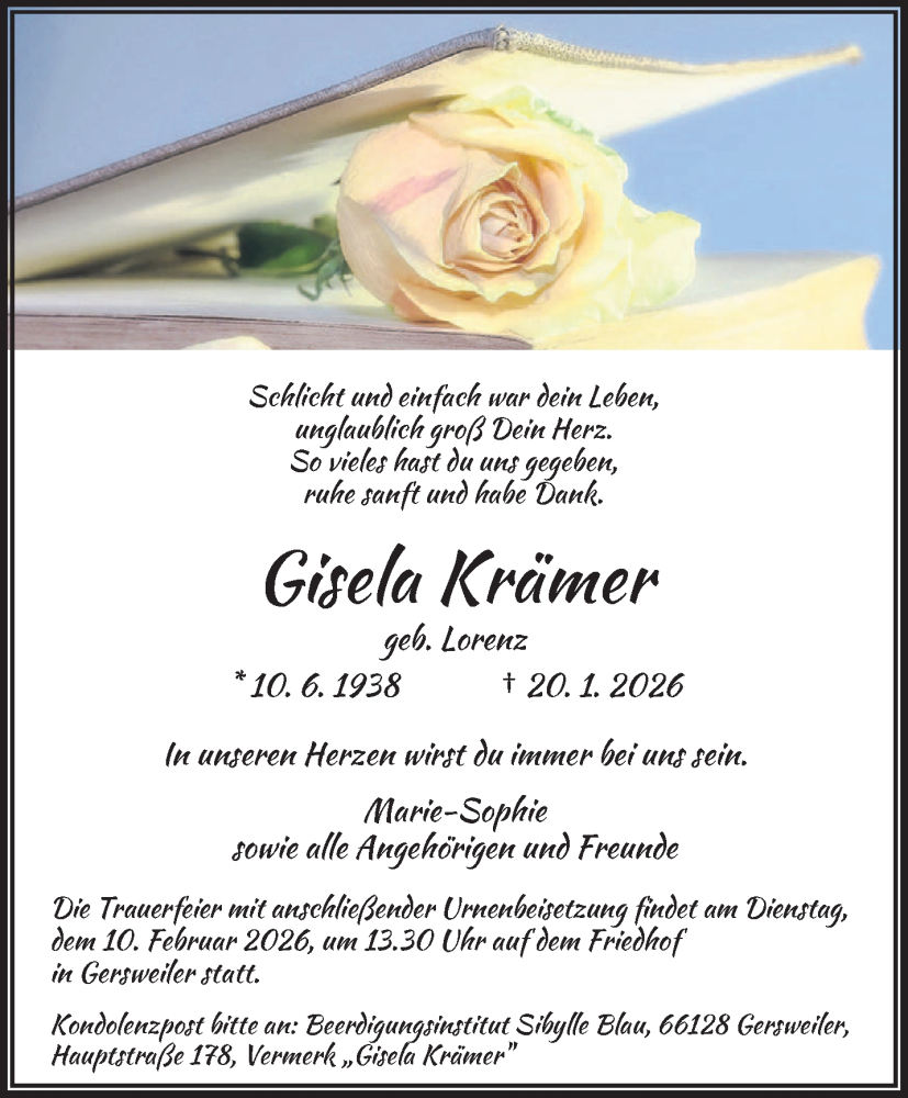  Traueranzeige für Gisela Krämer vom 31.01.2026 aus saarbruecker_zeitung