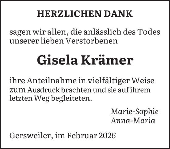 Traueranzeige von Gisela Krämer von saarbruecker_zeitung