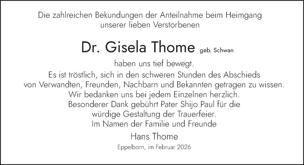  Traueranzeige für Gisela Thome vom 07.02.2026 aus saarbruecker_zeitung