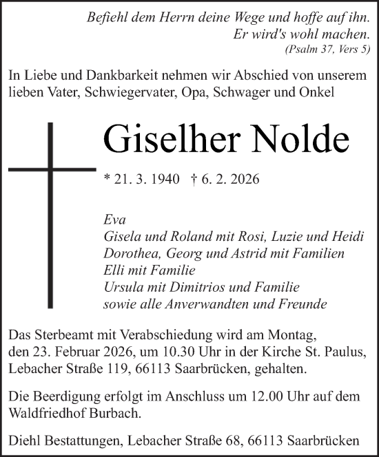 Traueranzeige von Giselher Nolde von saarbruecker_zeitung